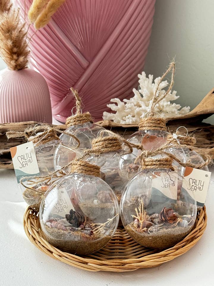Shell & Sand Filled Holiday Disc Ornament for wholesale by Salty Sea Company