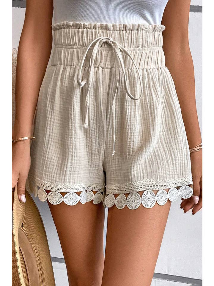 Apricot Textured Frilled Knotted High Waist Lace Hem Shorts for wholesale on Faire