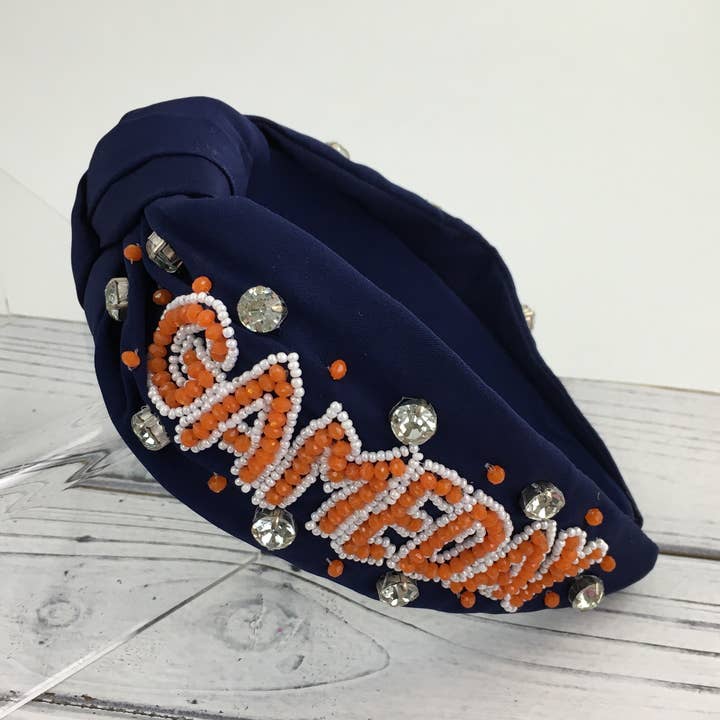 Marinblå och orange pärlbandsband GAMEDAY-knut för wholesale av SongLily