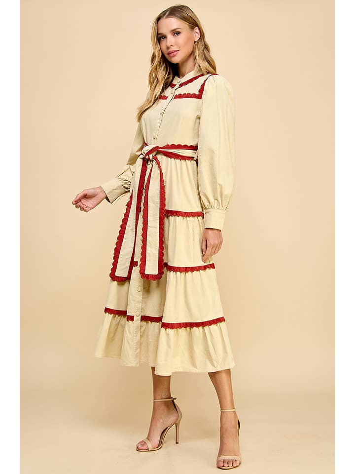 Beige CD04322-Tiered Scalloped Detail Long Sleeve Midi Dress for wholesale on Faire