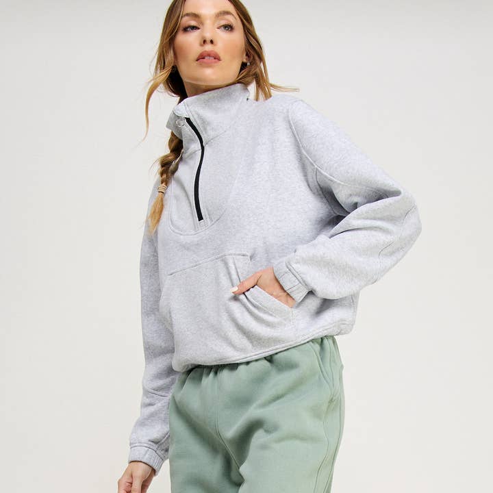 FREEZIA - Wholesale Sweatshirt - Women's - FRENCH TERRY NECK HALF ZIP SWEATSHIRT PULLOVER-FZ001223