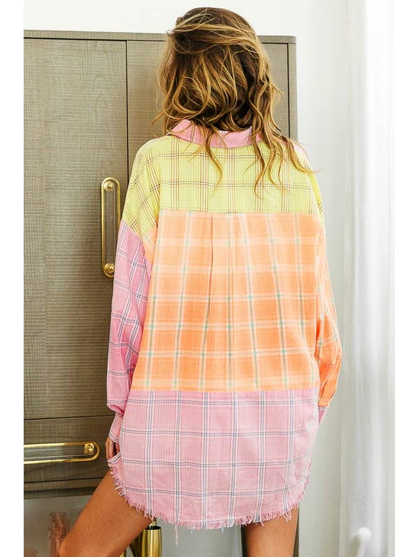 PINK PEACH LIME Bleach Washed Check Plaid Shirt for wholesale on Faire
