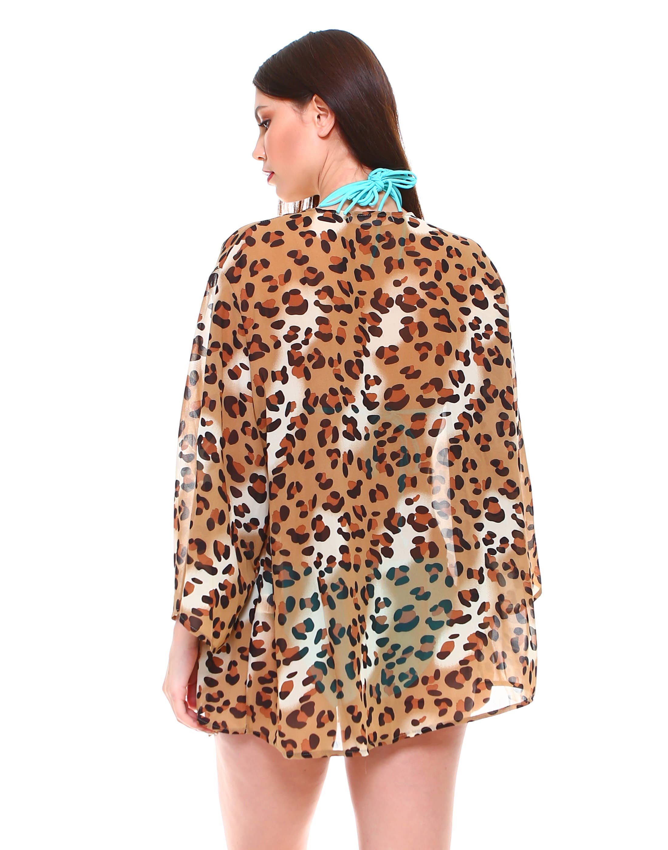 Shop Lev - Vendita all'ingrosso Kimono - Donna - Cardigan oversize in chiffon con maniche a kimono con stampa leopardata leggera10