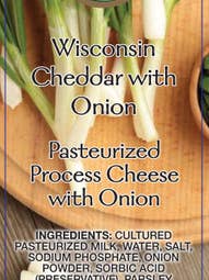 1117 4oz Wisconsin Cheddar Onion Cheese. Shelf Stable for wholesale by Northwoods Food and Gift Enterprises
