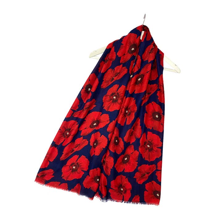 Fashion Scarf World - Wholesale Scarf - Women's - Bold Red Poppy Print Frayed Scarf