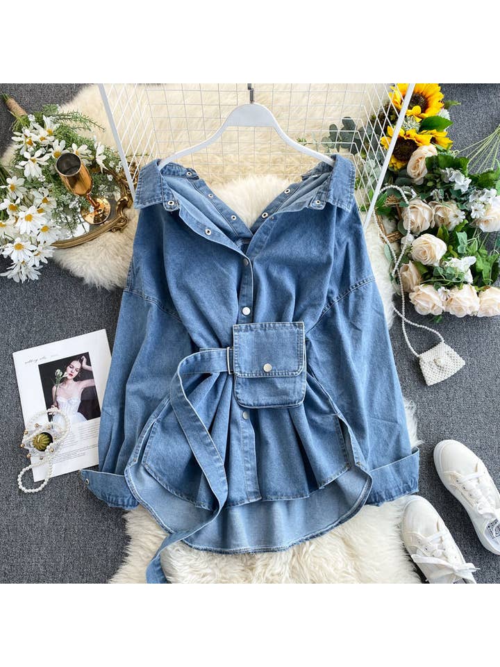 pinkblu02 - Vendita all'ingrosso Camicia button down - Donna - Camicia di Jeans a Maniche Lunghe con Schiena Aperta e Fiocco Multiuso2