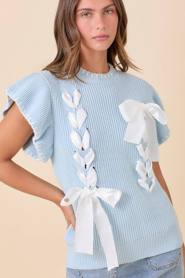 Main Strip - Wholesale Knit Sweater - Women's - Weaved Ribbon Bow Detail Sweater Knit Top
