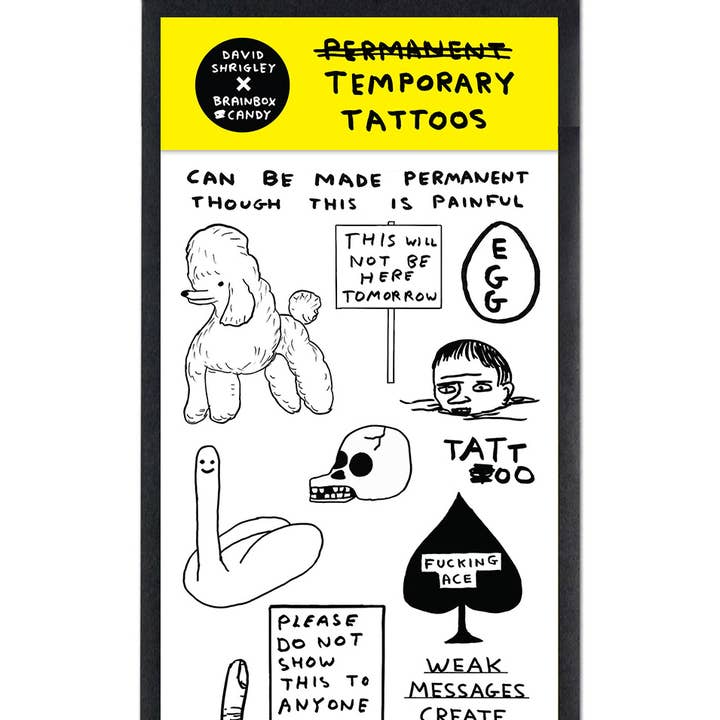 David Shrigley x Brainbox Candy – Großhandel Temporäre Tattoos – Lustiges Geschenk – David Shrigley Temporäre Tattoos – 13 Designs0