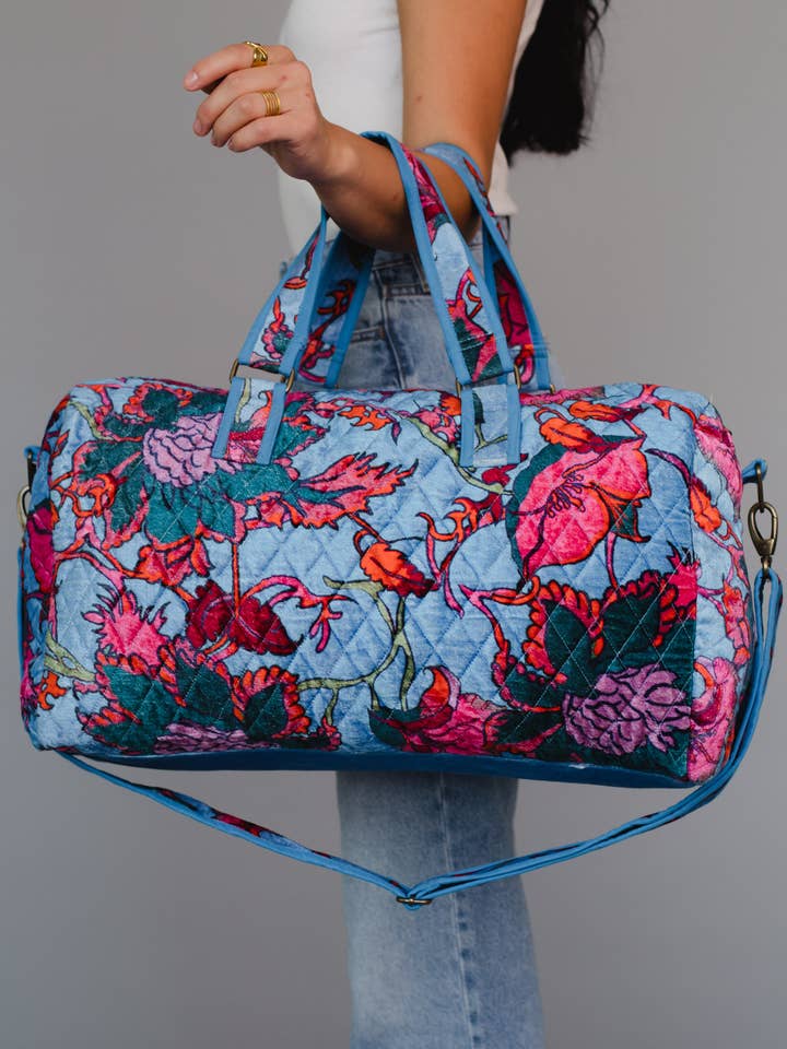 Bright Blue & Multicolored Floral Duffel for wholesale by Panache Apparel Co.