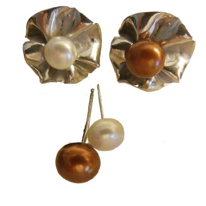 Ruffle Earring Jackets with 2 pearl stud earrings. Sterling Silver with rhodium or 18K gold plate. for wholesale by Jane A Gordon: Jewelry Art Gifts Inspiration