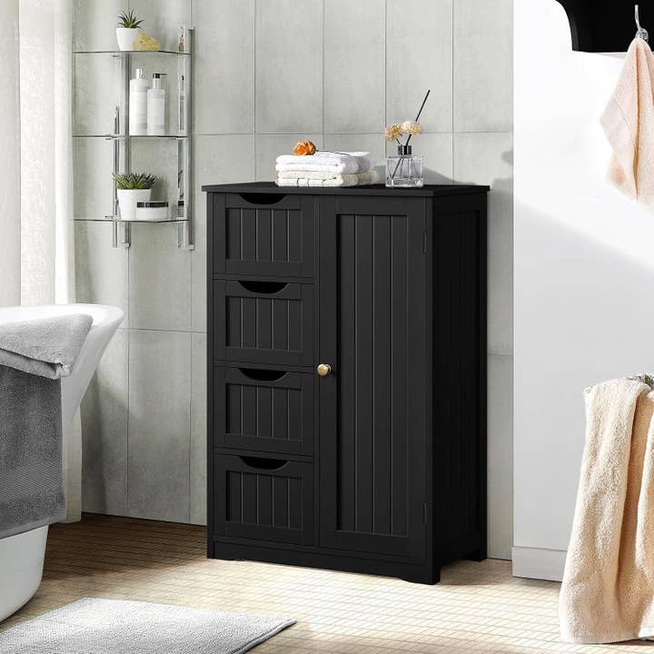 Black Wooden Bathroom Floor/Side Storage Organizer Cabinet with 4 Drawers and 1 Cupboard, Freestanding Entryway Storage Unit Console Table for Home Decor for wholesale on Faire8