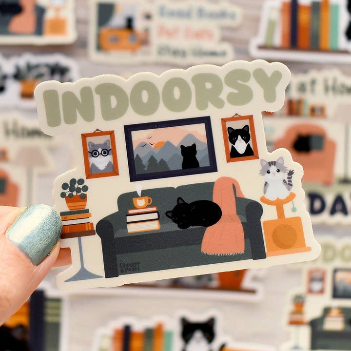 Indoorsy 3-in. Vinyl Cat Sticker for wholesale by Chester and Pearl