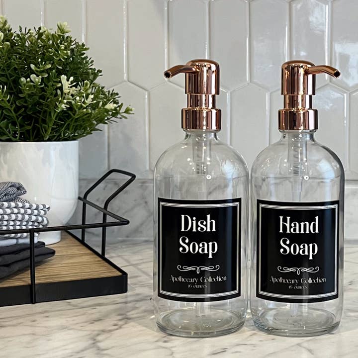 16-ounce helder glazen zeepdispenser apothekersetiket voor wholesale door Blush Apothecary