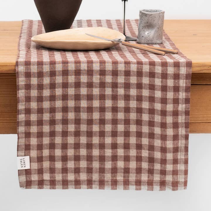 Chocolate Gingham Linen Table Runner for wholesale by Linen Tales (We cover U.S. import duties)