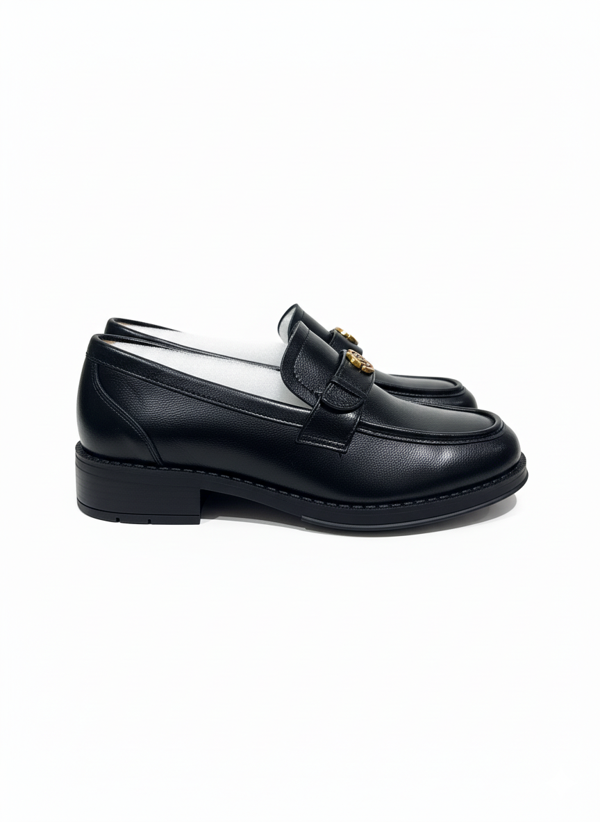 Black Loafer Shoe French Camellia Buckle British Style for wholesale on Faire1