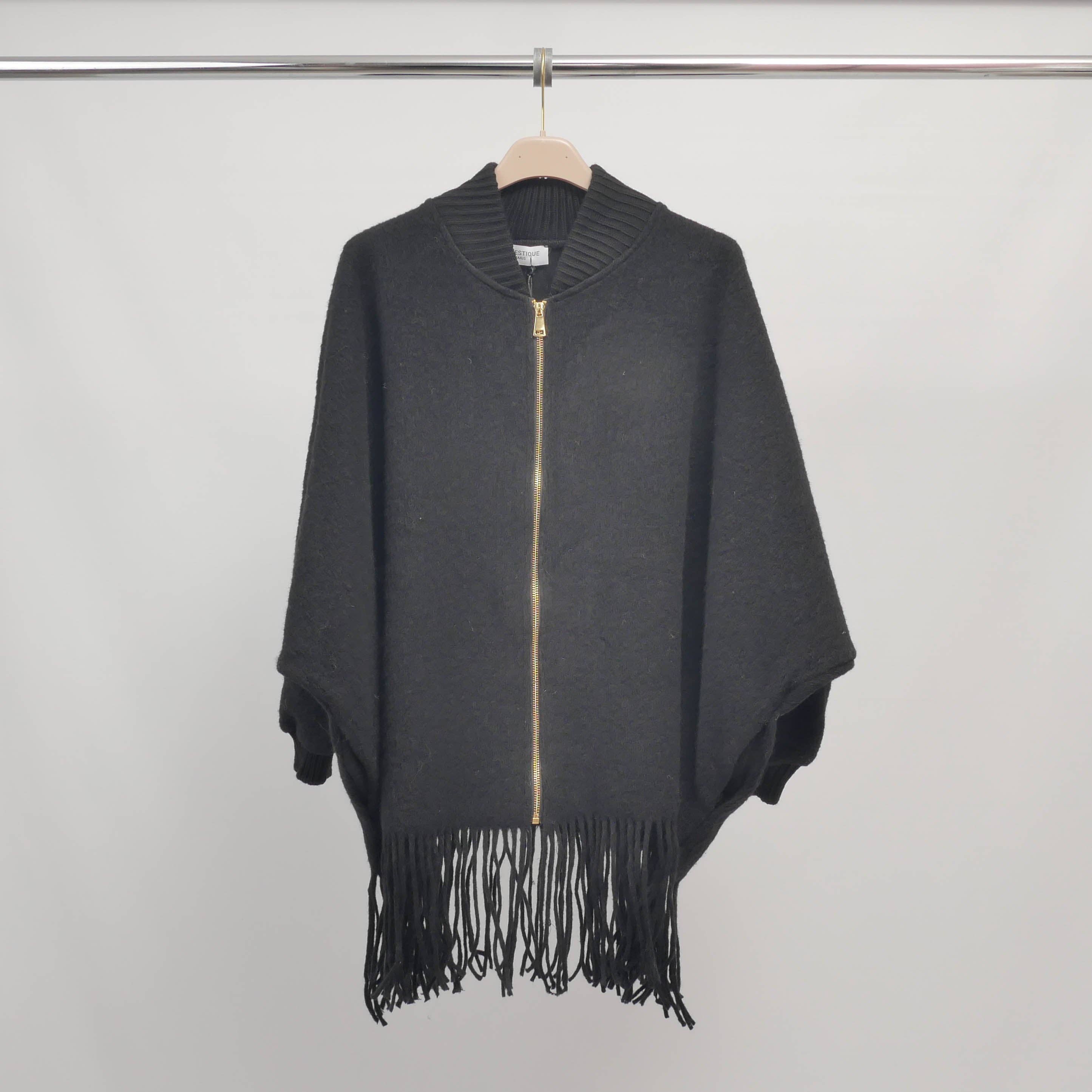 Cecile Wang - Vente Poncho – femme - Poncho à franges zippé manches chauve-souris – MJ842021