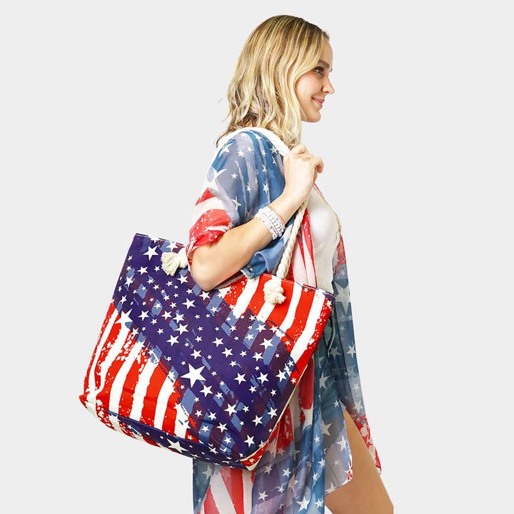 American USA Flag Print Beach Tote Bag for wholesale by Sensibling Corp.