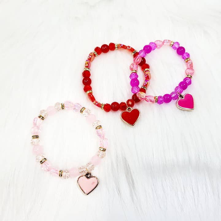 Assorted Color Heart Charm Beaded Stretch Bracelet for wholesale on Faire