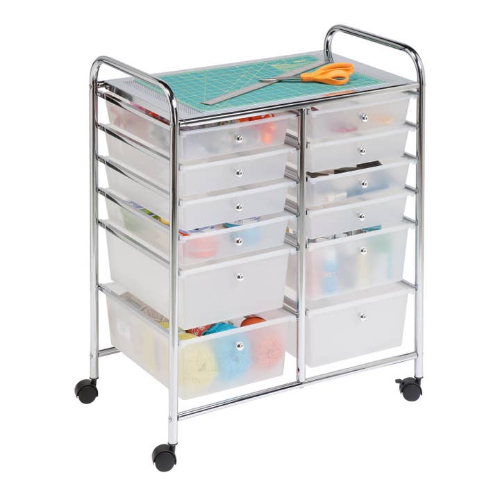 Metal Rolling Storage Cart with 12 Plastic Drawers, Chrome for wholesale by Honey-Can-Do