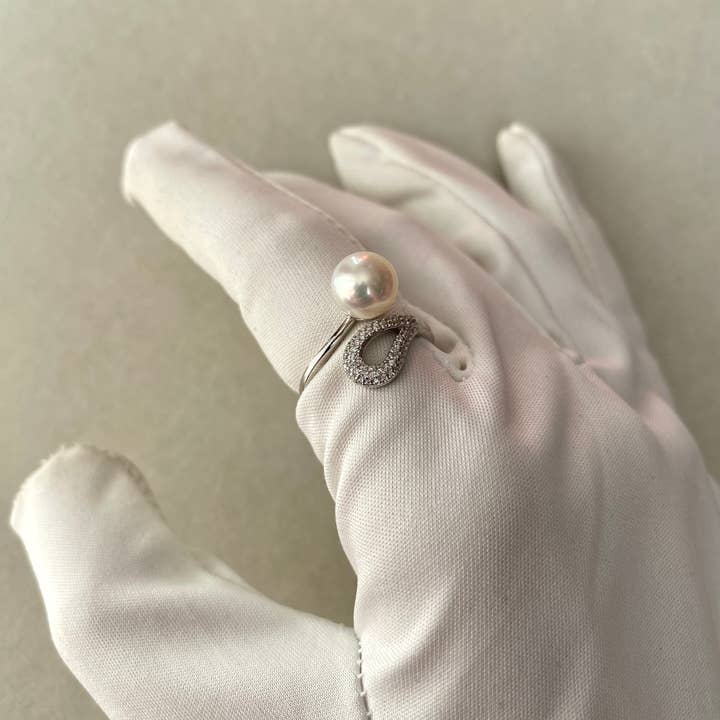 b29 - Wholesale Single stone/solitaire ring - 6A 8mm Japanese Crystal-White Akoya Pearl Ring Pink Overtone10