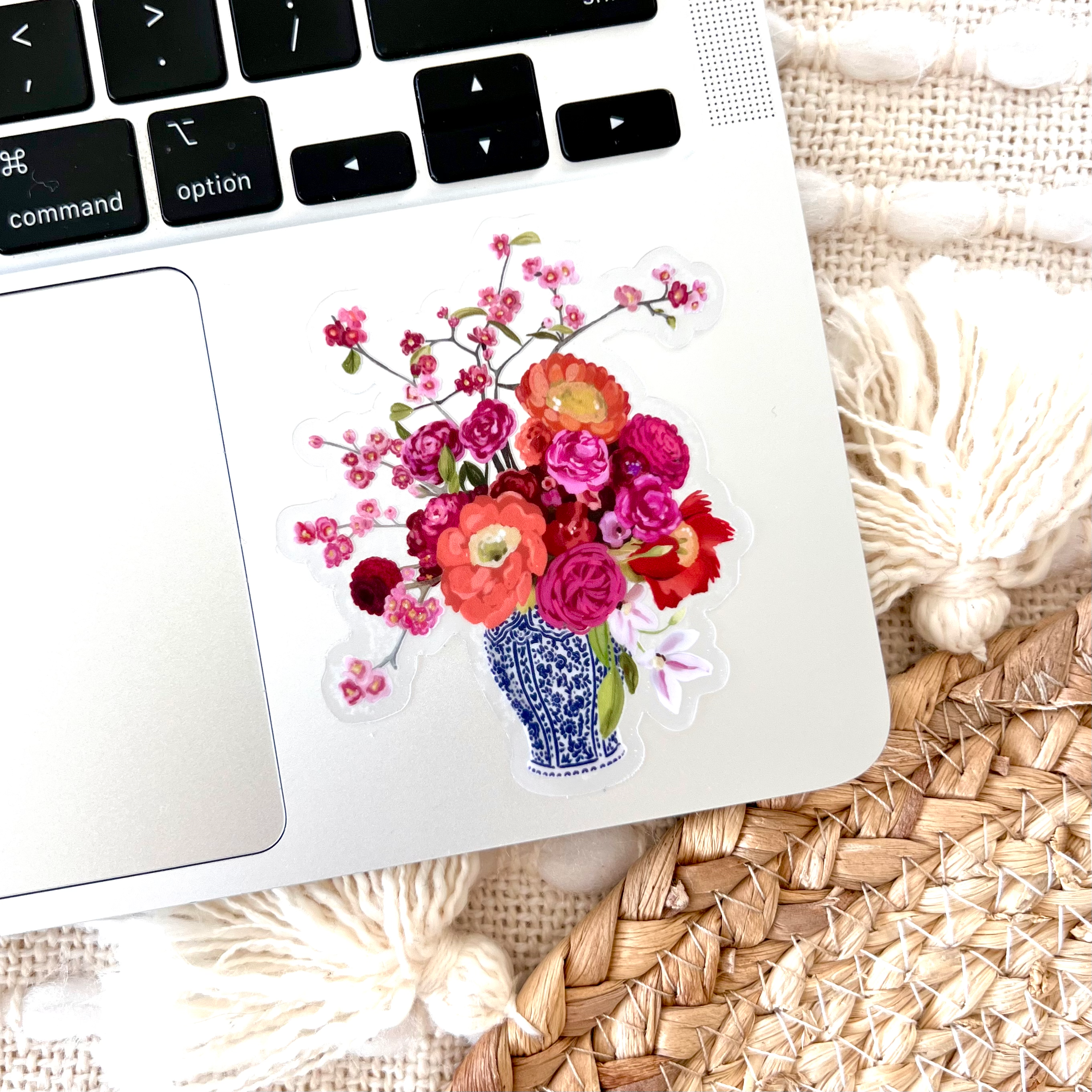 Elyse Breanne Design - Venta al por mayor Pegatina - Etiqueta transparente de ramo de flores en jarrón azul y blanco, 6,9 cm x 8,3 cm1