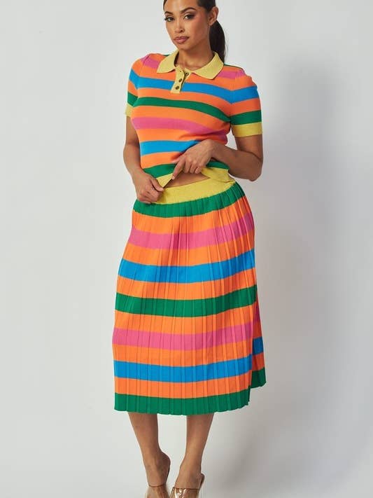 Short-sleeve polo top and a pleated midi skirt set for wholesale by J2 FASHION