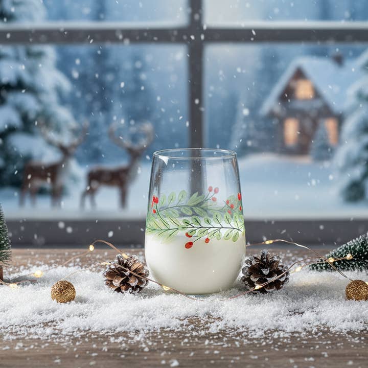 Holly Wreath Stemless Wine Glass - 6pk (cost per glass) for wholesale by CUISIVIN