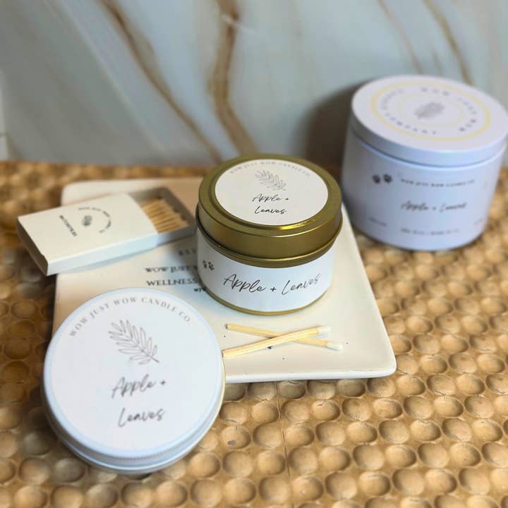 Apple & Leaves Soy Wax Wooden Wick Candle for wholesale by Wow Just Wow Candle Co