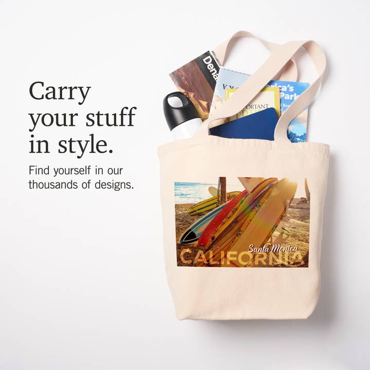 Lantern Press - Wholesale Tote Bag - Unisex - ORGANIC TOTE BAG Santa Monica, California, Surfboards