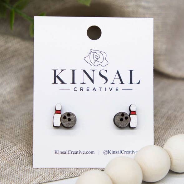 Bowling Ball And Pin Set Wood Stud Earrings for wholesale by Kinsal Creative