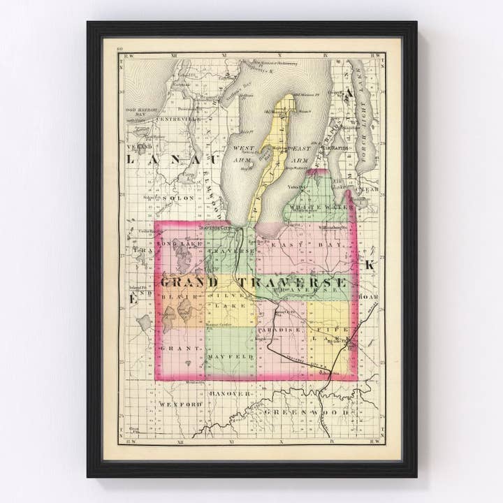 Vintage Map of Grand Traverse County, Michigan 1873 for wholesale by Ted's Vintage Art