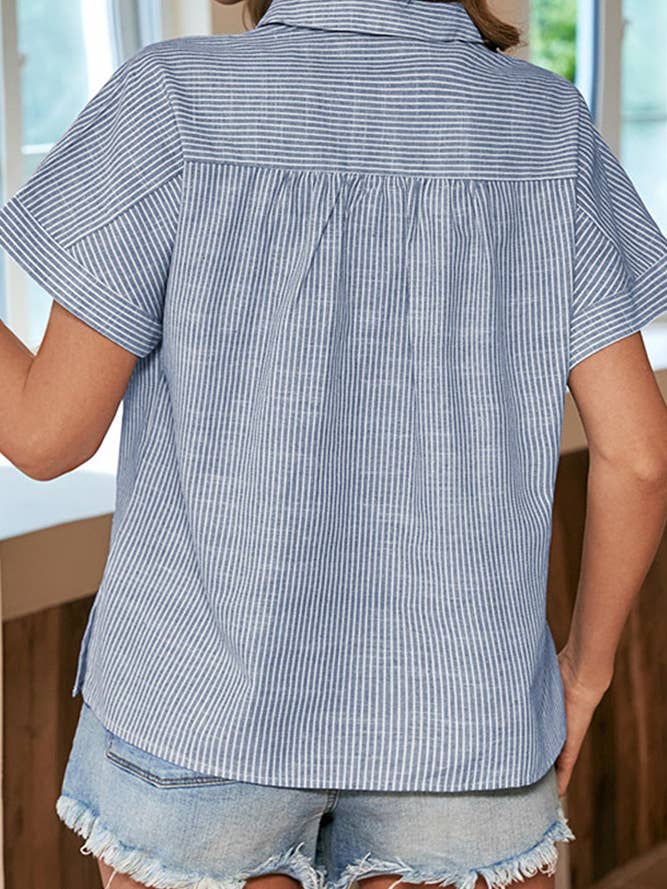 Comely Fashion - Vente Chemise à col boutonné – femme - Chemise boutonnée à col rabattu à rayures1