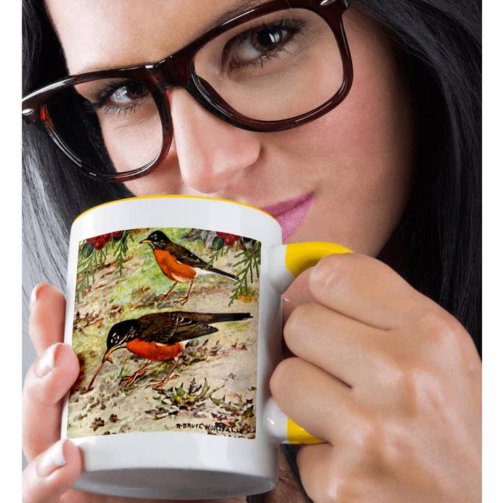 3dRose - Wholesale Coffee Mug - 3dRose, Vintage Bird Art American Robin Catches Worm - Robins Birds Feeding, Mug1