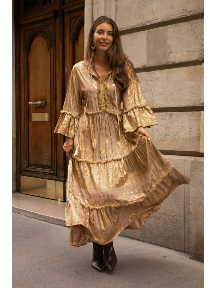 Green Long upstairs dress, with gold geometric print pattern for wholesale on Faire