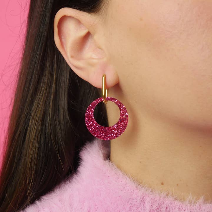 Boucles d'oreilles Créoles Forme Ronde - Paillettes Fuchsia pour la vente par ColsonDesign