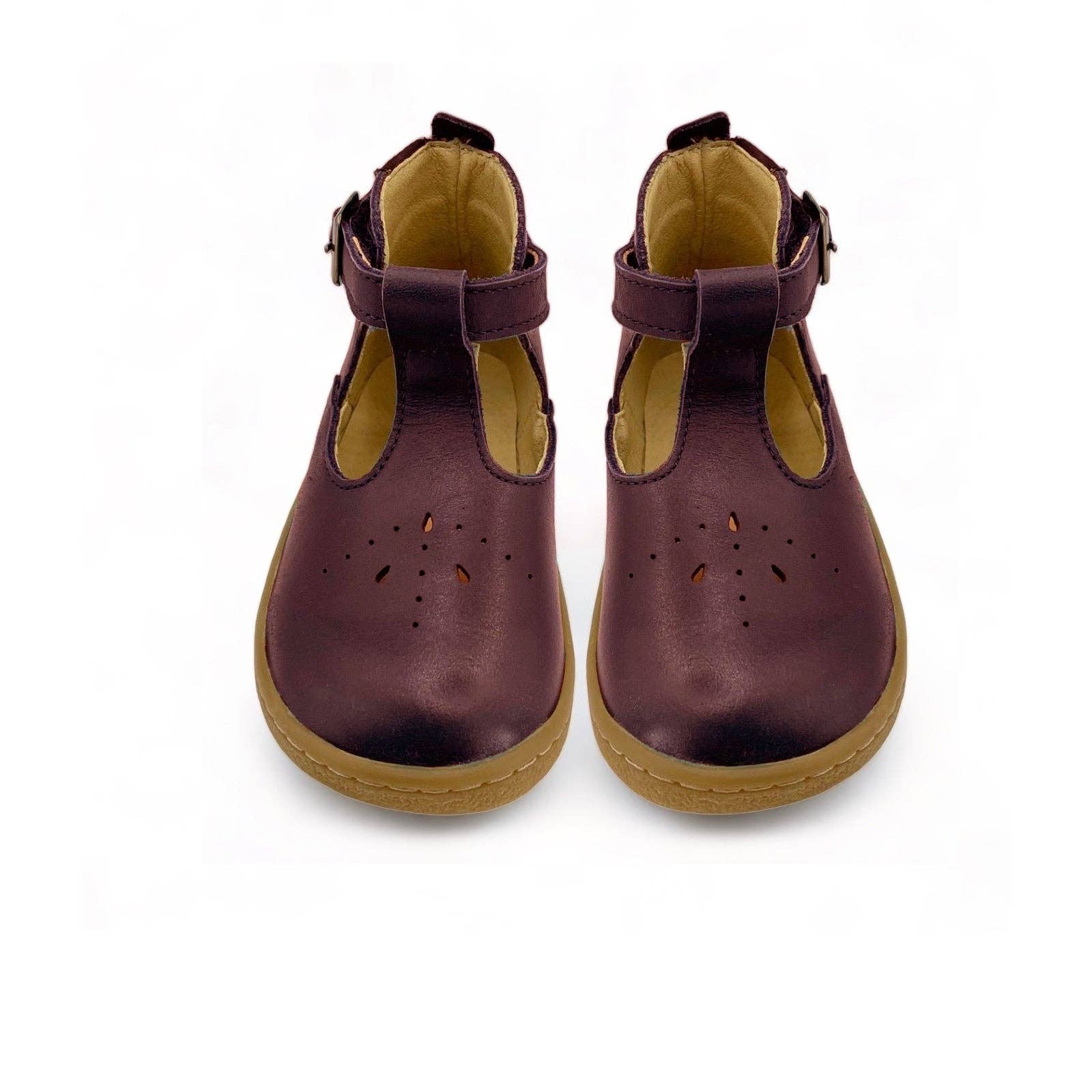 Young Soles – wholesale Sandals – Kids – Lark Kids T-Bar Barefoot Shoe Berry Leather1