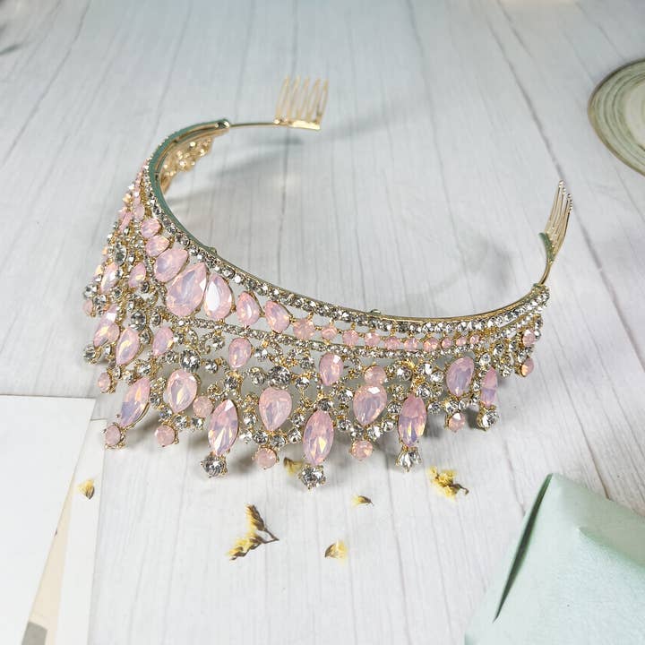 Happy Dream Gifts – wholesale Tiara – Dam – Rosa ädelsten Tiara, Brudbröllop Guldkrona, Festkrona