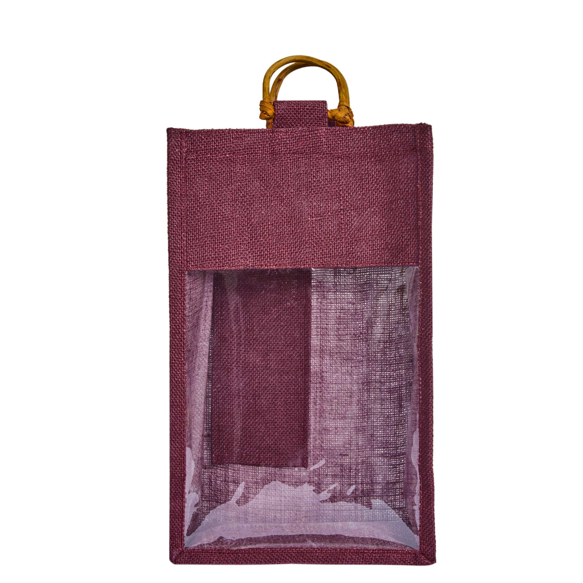 ecojutebags – wholesale Wine gift bag – 6-Pack Burlap Wine Bags with Cane Handle & Clear PVC Window1