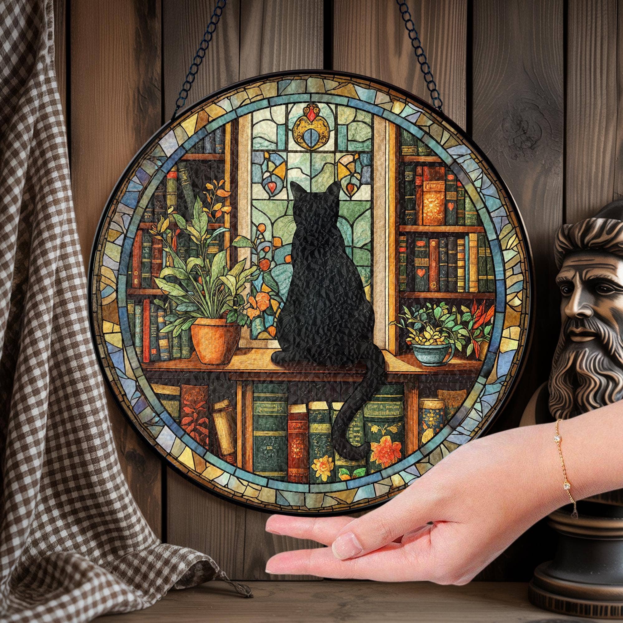 NVC Ecommerce LLC – wholesale Suncatcher – Black Cat and Book Stained Glass Suncatcher, Librarian Decor3