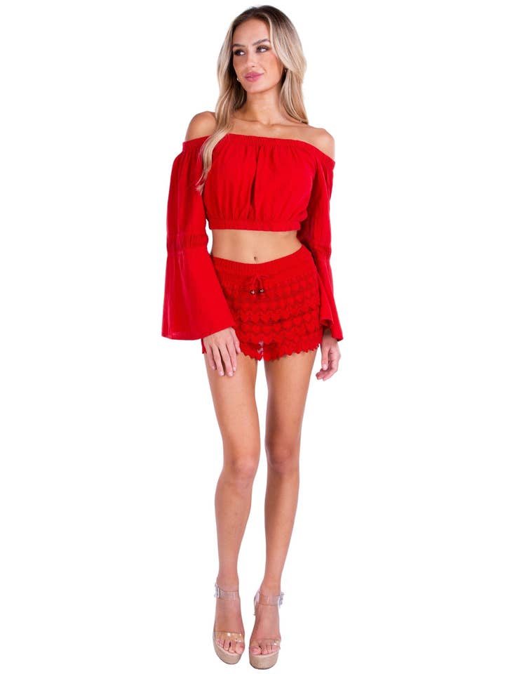 Jupe-culotte en crochet à étages en coton - Rouge pour la vente par Seaspice Resort Wear