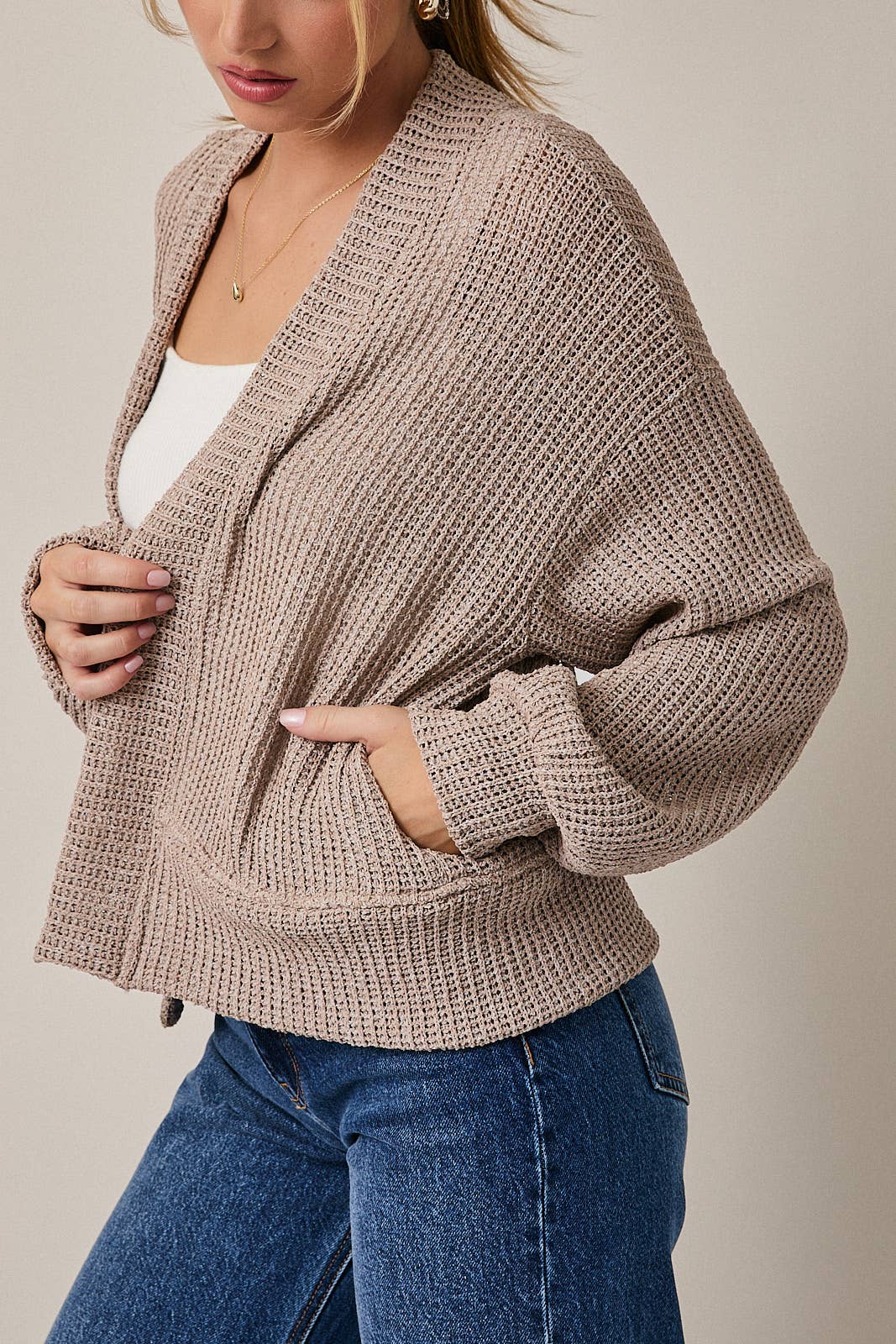 OATMEAL LONG SLEEVE CROPPED CARDIGAN for wholesale on Faire5