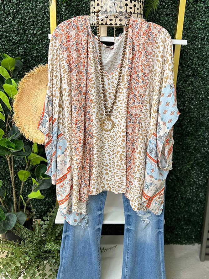 UNISHE - Wholesale Blouse - Women's - Color Block Leopard Floral Bat Wing Sleeves Blouse BBSP035