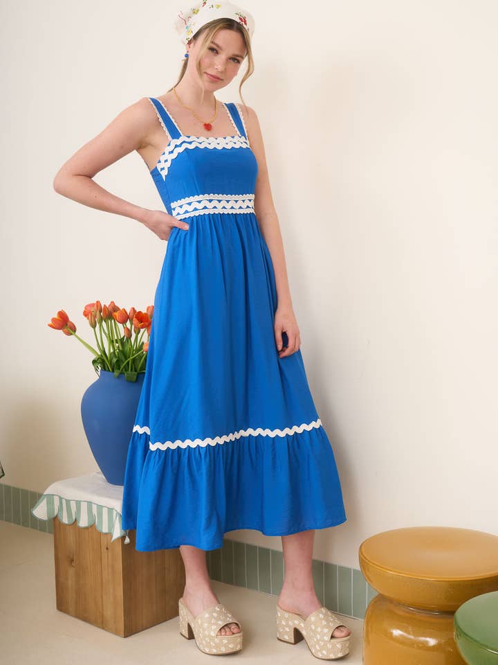 Blu Pepper - Wholesale Dress - Women's - SQUARE NECK WAVE SCALLOP TRIM MIDI DRESS
