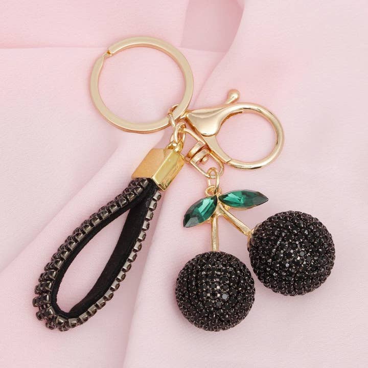 Porta-chaves Preto com Cereja Cravejada de Strass para Bolsa por atacado de PinktownUSA