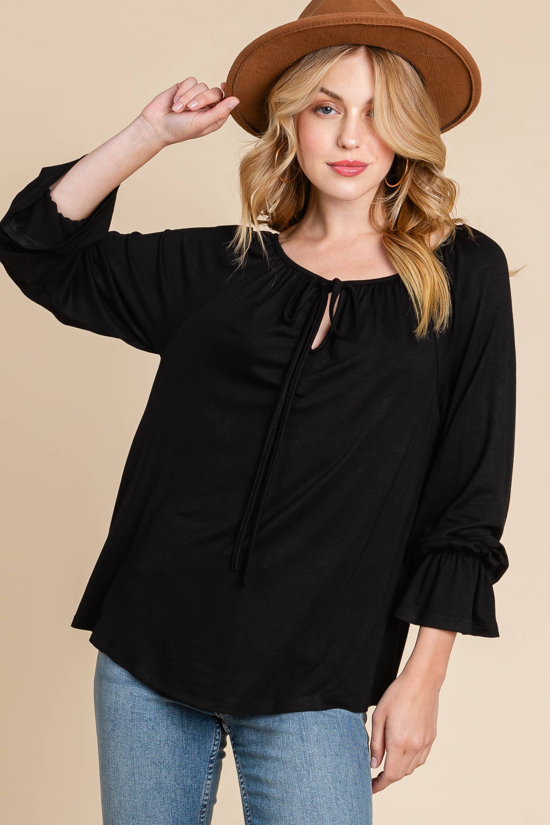 Schwarz ETK-9305 Solides Modeoberteil mit langen Ärmeln für den Großhandel auf Faire2