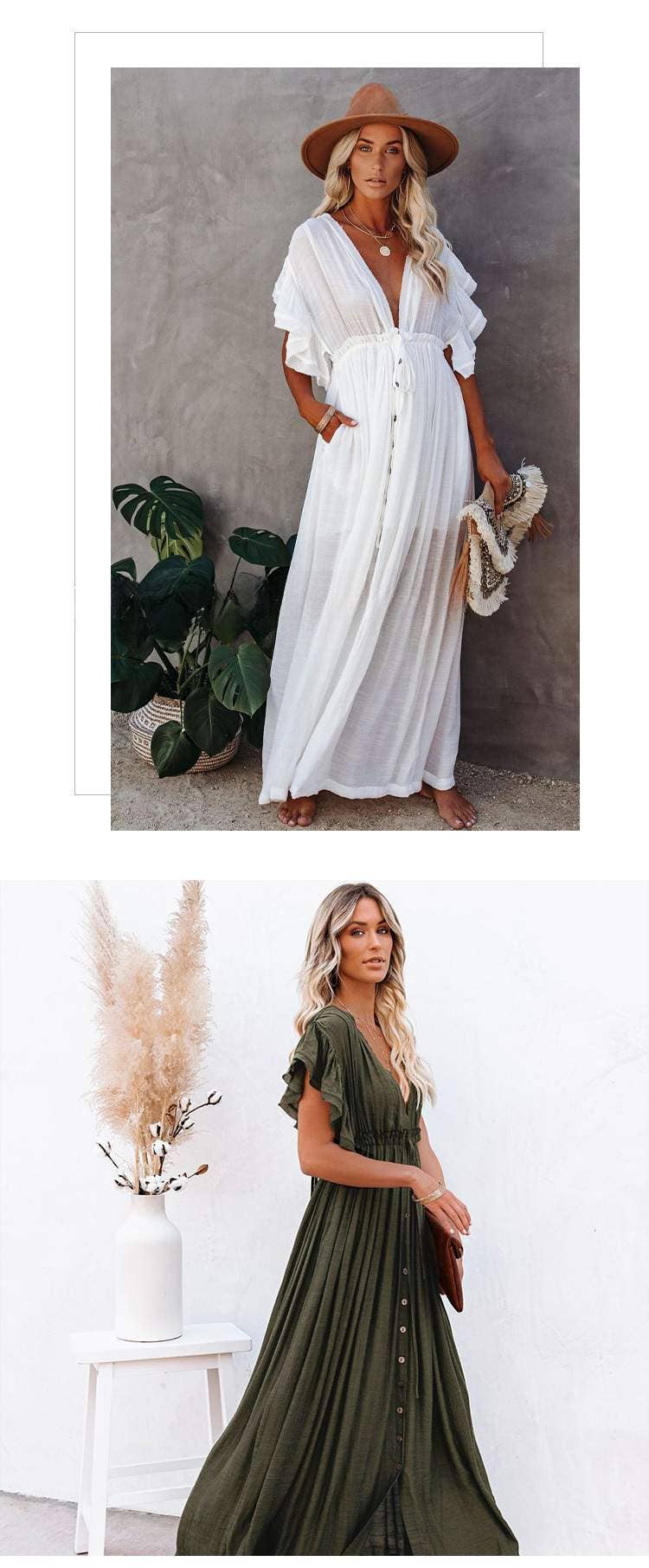 Fashion Combination - Wholesale Dress - Women's - Boho Button-Front Flowy Maxi Dress2