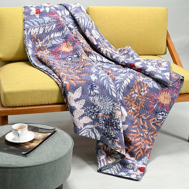 Blue Kantha light Quilt bedspread bedcover Jaipur, Queen for wholesale by Meg Creations