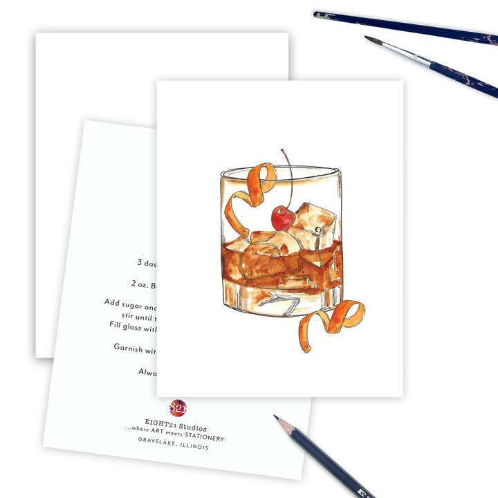 Old Fashion Cocktail Recipe Card, Bar, Blank Greeting Card for wholesale by Eight21 Studios + Unique Greeting Cards, Art and Stationery