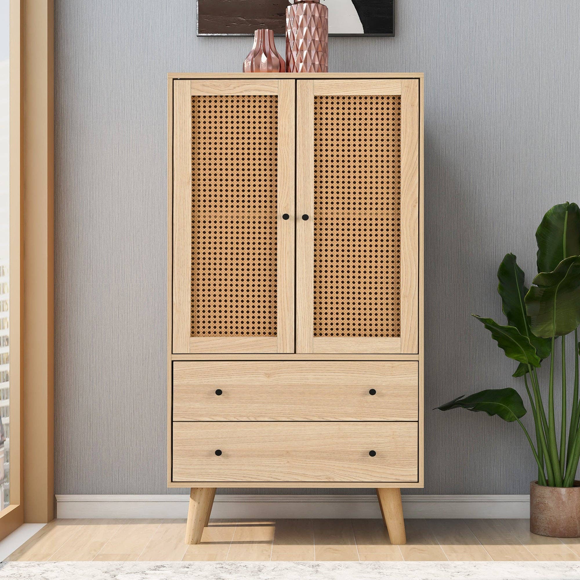 Urban Meuble - Wholesale Cabinet - Wood-effect sideboard with rattan doors and 2 drawers, solid wood legs FENMUCK1