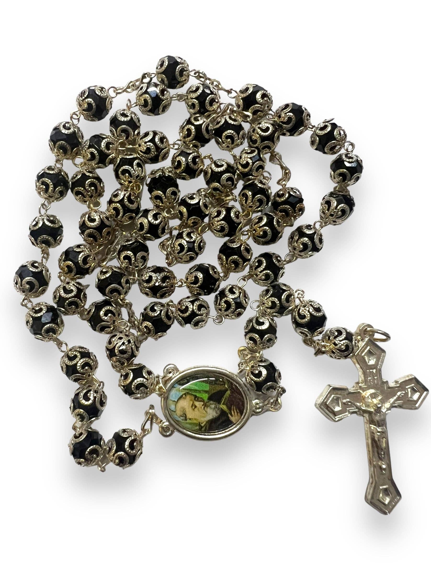 SAN JUDITAS RELIGIOUS ARTICLES - Wholesale Prayer Beads Necklace - CRYSTAL CAPPED ROSARY: BLACK -ST. BENEDICT